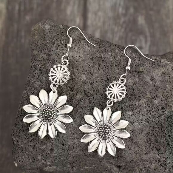 Sunflower Silver Drop Earrings Boho Floral Dangle Pendant Charm Retro Long Cute - Picture 2 of 4